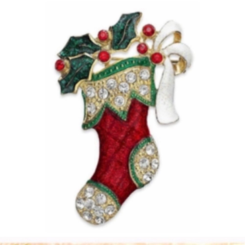 𝅺MACY'S Charter Club Holiday Lane Enamel Rhinestones Christmas Stocking Brooch